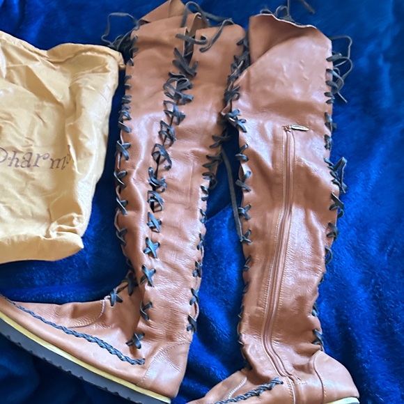 Tan Lace-Up Over the knee  Women's leather boots - Picture 6 of 9